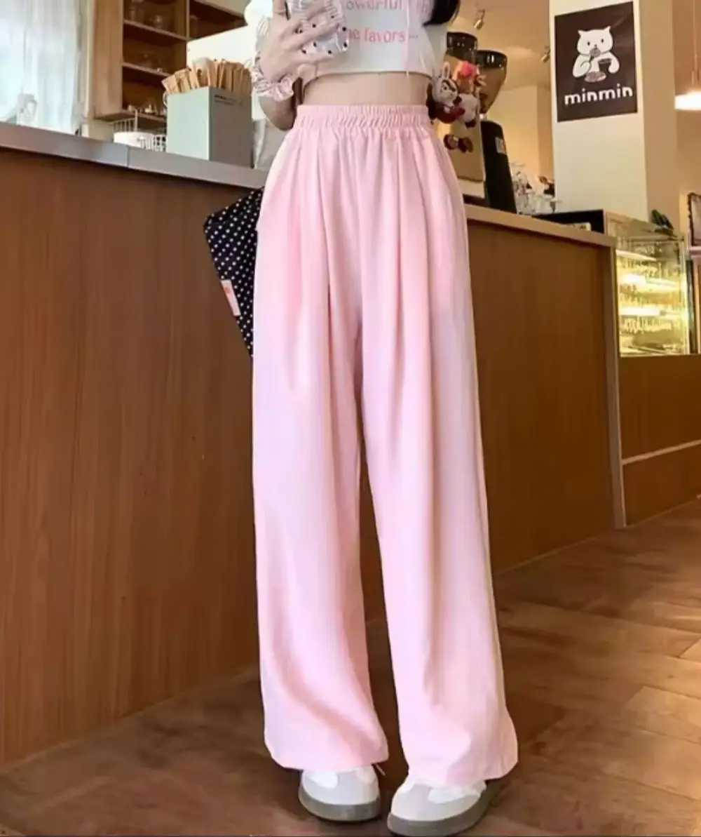 

2026 New Women puls size Ankle-Length Wide Leg Pants Casual Summer Solid Elastic Waist Loose Ice Silk Pants Spring Summer Pants