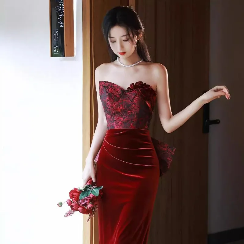 

Роскошное вечернее платье для женщин, роскошное винтажное бархатное платье с цветочным принтом для торжественных случаев, сексуальное платье русалки без бретелек для выпускного вечера