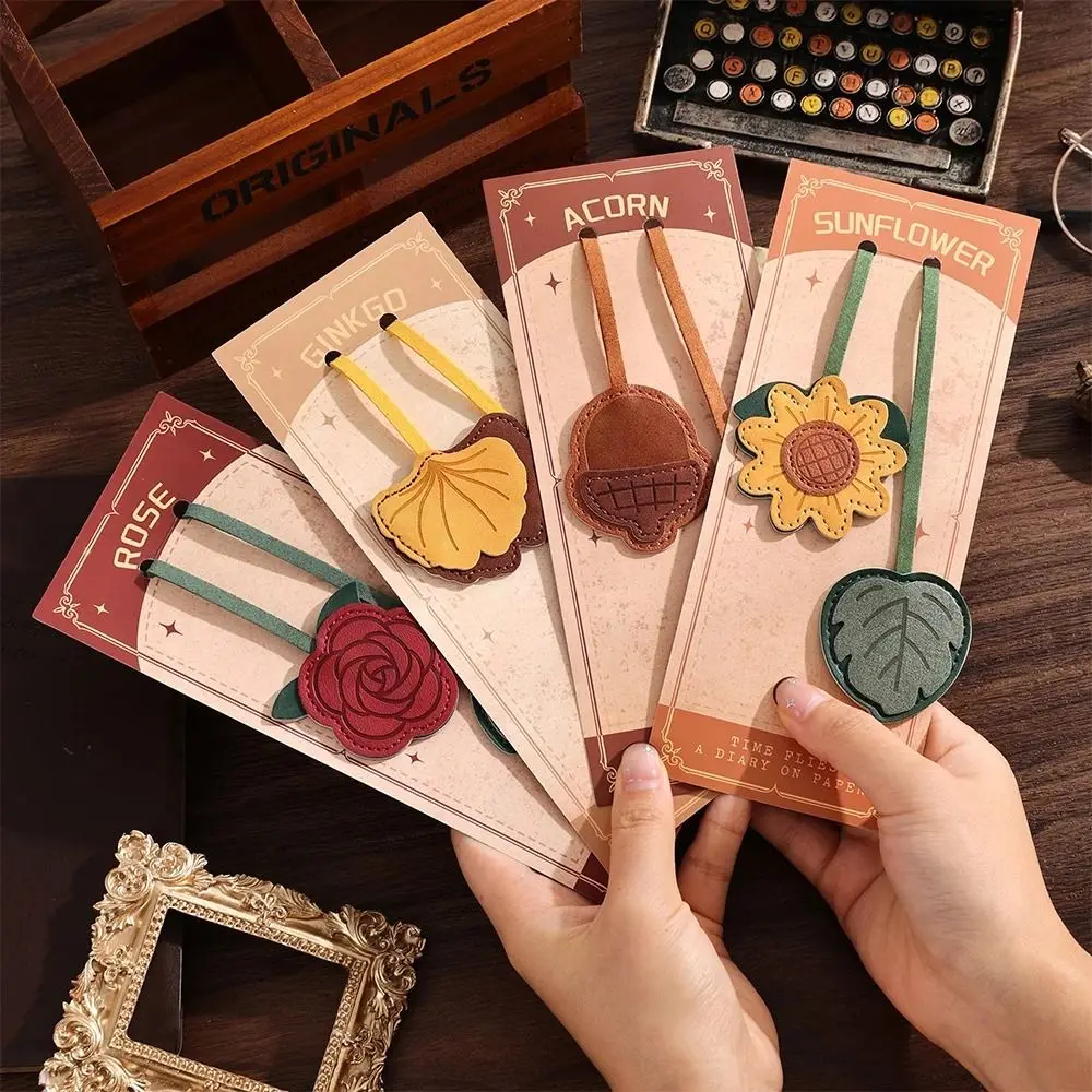 Vintage Faux Leather Sunflower Bookmark Multi-Purpose Rope Tassel Reading Bookmark Page Clip Bag Pendant