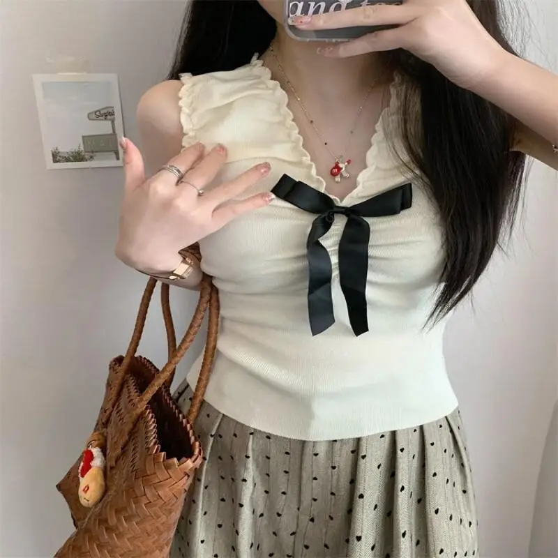 Französisch Stil Leibchen Frauen Bogen Ärmellose Blaue Weste Leibchen Süße Frühling und Sommer Oberbekleidung Hause Tragen Schlafsaal Leibchen