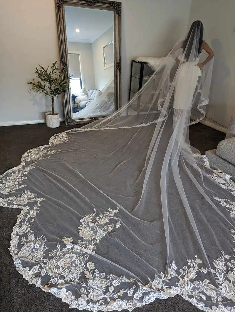 Luxury Bridal Veils Women One-Layer Embroidery Lace Edge Waltz Length Veil Princess Occasion Dress robes de soirée Customized