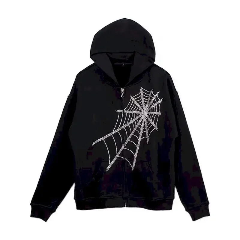 Vintage Hoodies Women Men Spider Web Rhinestones Hoodie Zip Up Hooded Coat Spring Autumn Trend Casual Loose Cardigan Hooded Coat