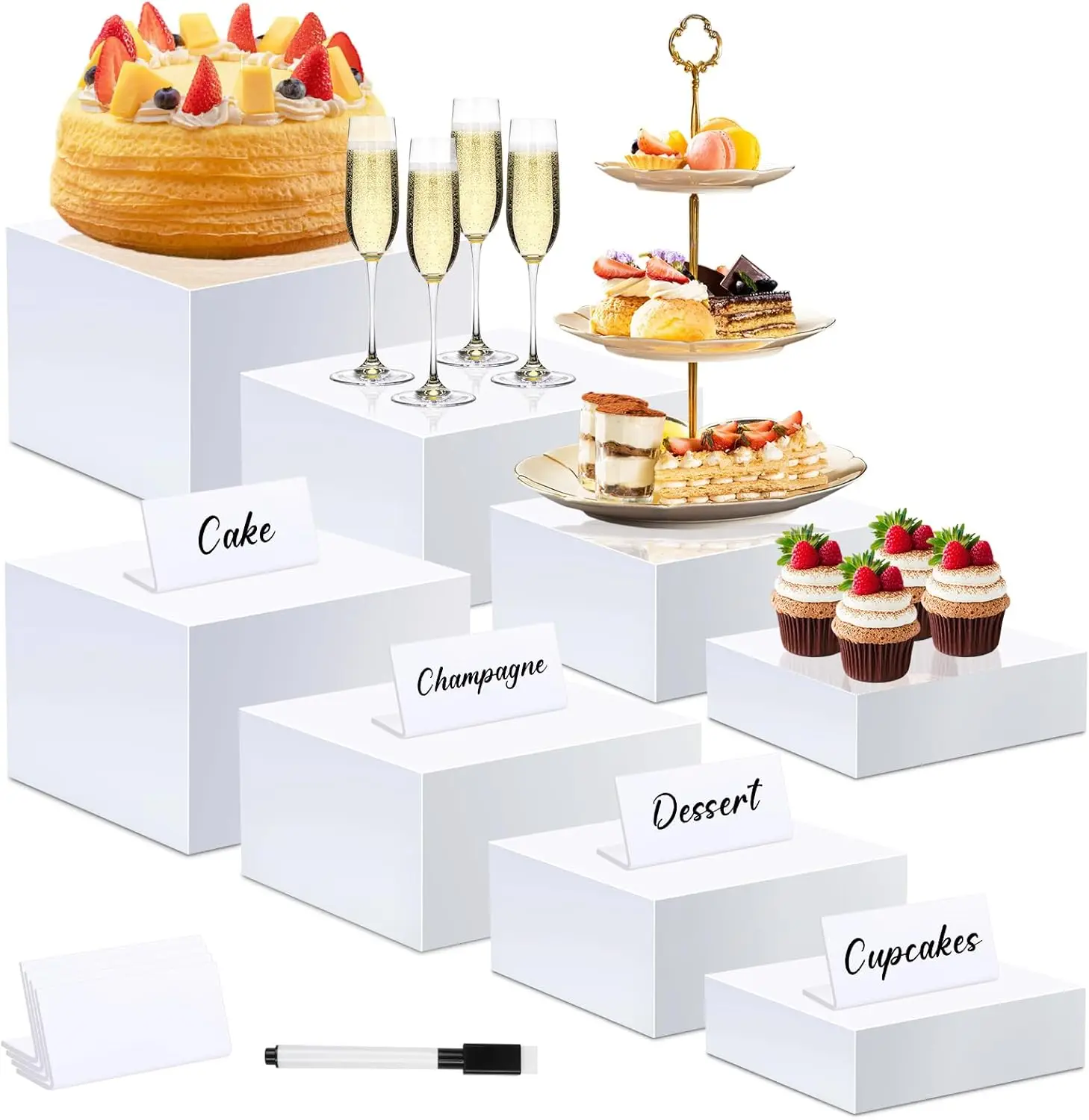 

8-Piece Acrylic Cube Display Stand Set with 4 Sizes, Stackable Food Risers for Buffet Table