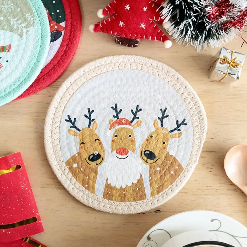 Table Mats Heat Insulation Christmas Woven Cotton Placemat Anti-scalding Non-Slip Pot Pad Snowman Round Coaster Table Decoration