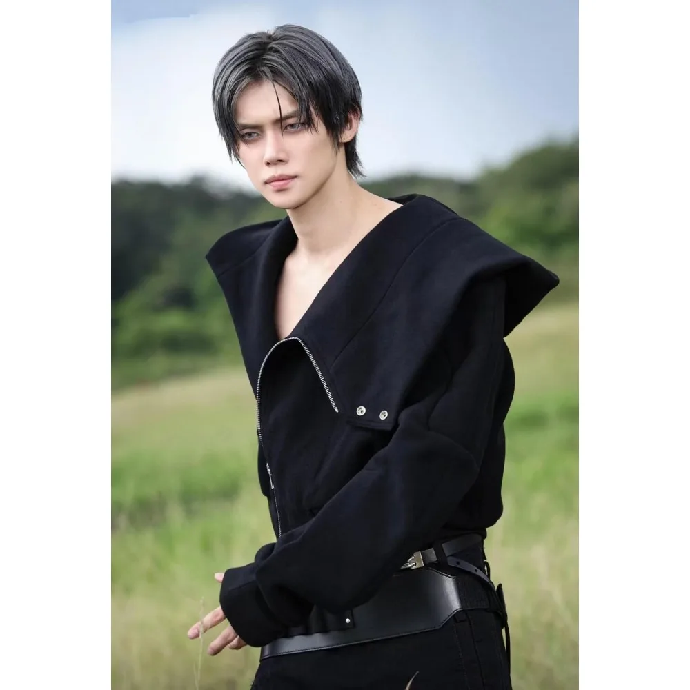 Chaquetas de lana con capucha estilo High Street Dark RO, sudaderas cortas de lana negra para hombre, chaqueta voladora, ropa de calle versátil