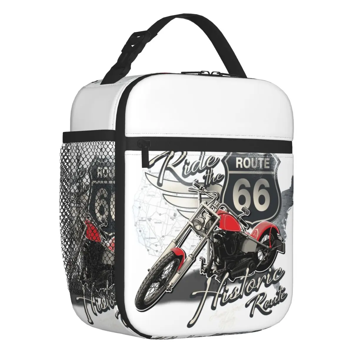 

US 66 Biker Insulated Lunch Bag for Outdoor Picnic Route 66 America Highway Motorcycle Portable Cooler Thermal Lunch Box Women