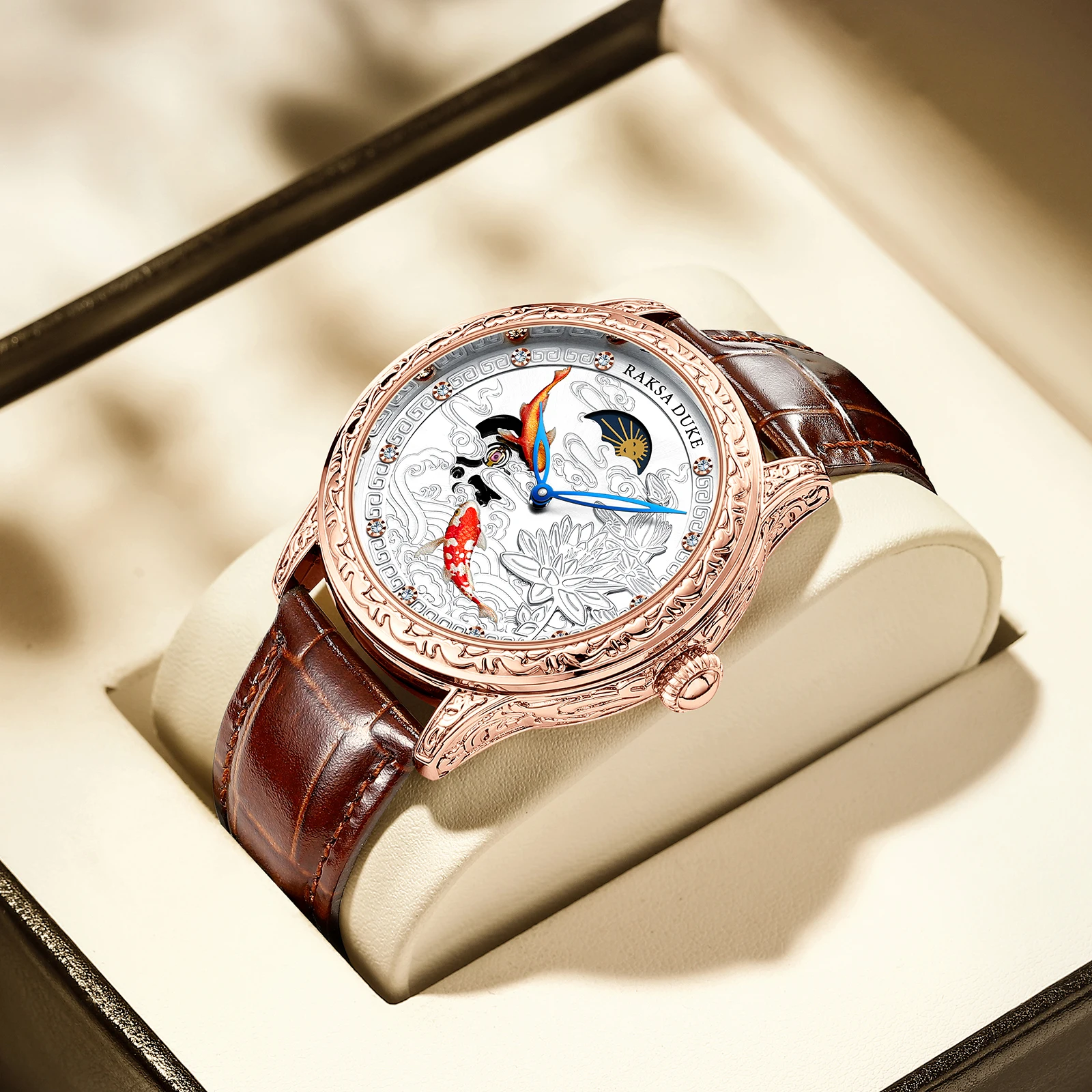 Automatyczny zegarek mechaniczny dla mężczyzn Luksusowy zegarek na rękę 3D Fish Fashion Wodoodporny zegarek z fazą księżyca