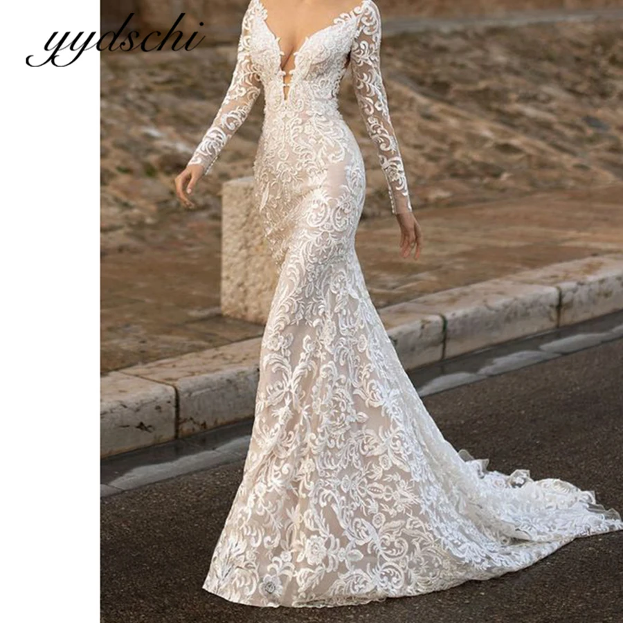 Exquisite Lace Long Sleeve Wedding Dress for Women Sheath Illusion V-Neck Bridal Floor Length Backless Dresses Court Train 2023