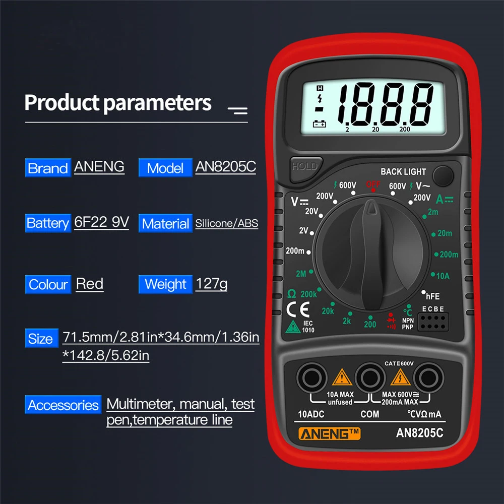 ANENG AN8205C Portable Digital Multimeter AC/DC Ammeter Volt Ohm Tester Meter DC 600V Multimetro With Thermocouple LCD Backlight