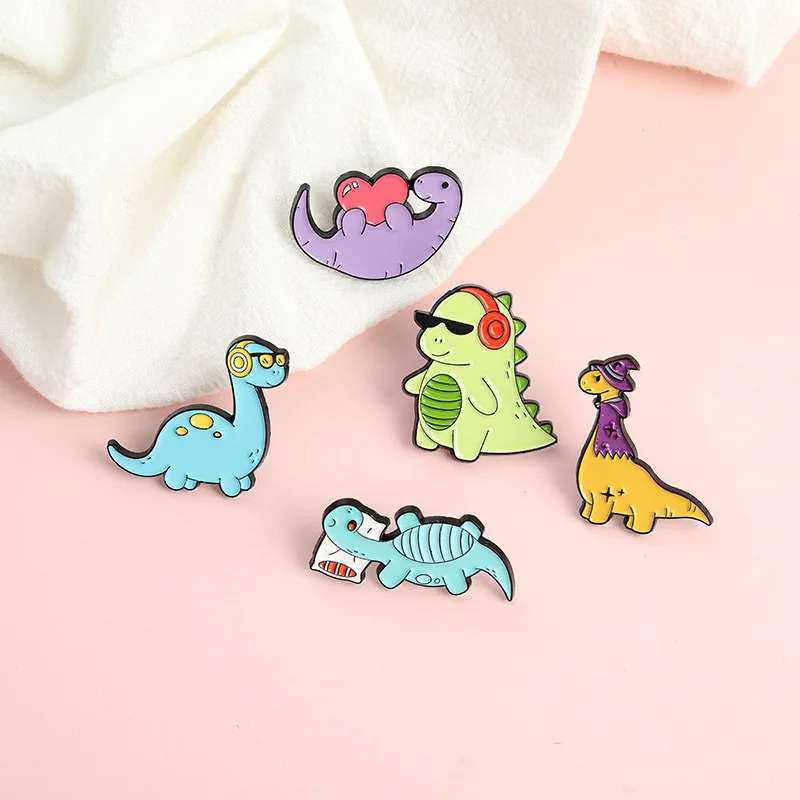 Wearing sunglasses with earphones and pillows dinosaur carton Enamel Brooch Collect With Letter Pins Clothing Backpack Enamel Ba