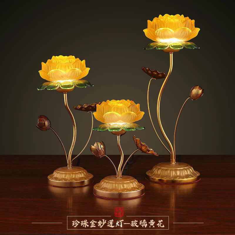 

2025 A PAIR 2PCS Buddhism high grade HOME Temple shrine enshrine worship Guanyin Buddha good luck safe lotus flower crystal lamp