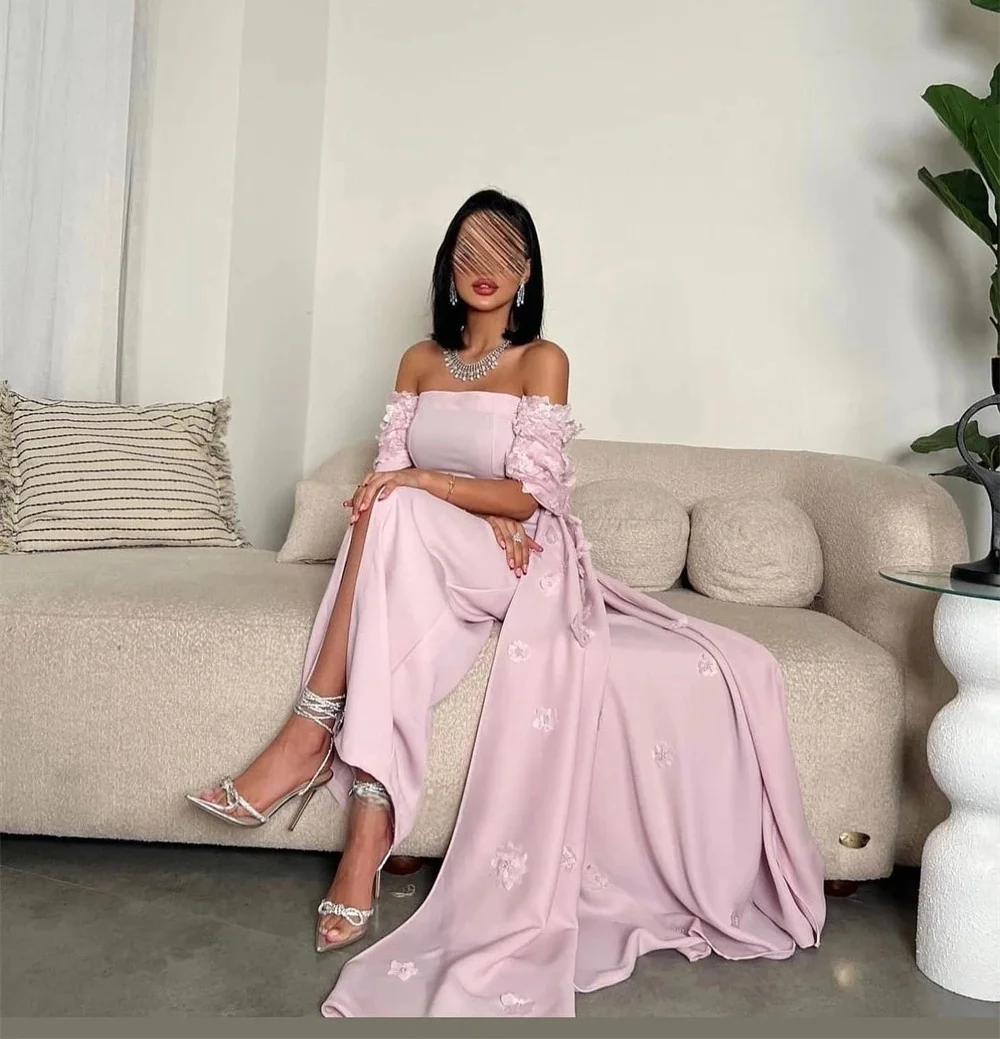 

Pink Floral Women Long Bespoke Occasion Gown Evening Dresses Pastrol Unisex Jersey Retro Dubai Saudi Arabic Prom Customized