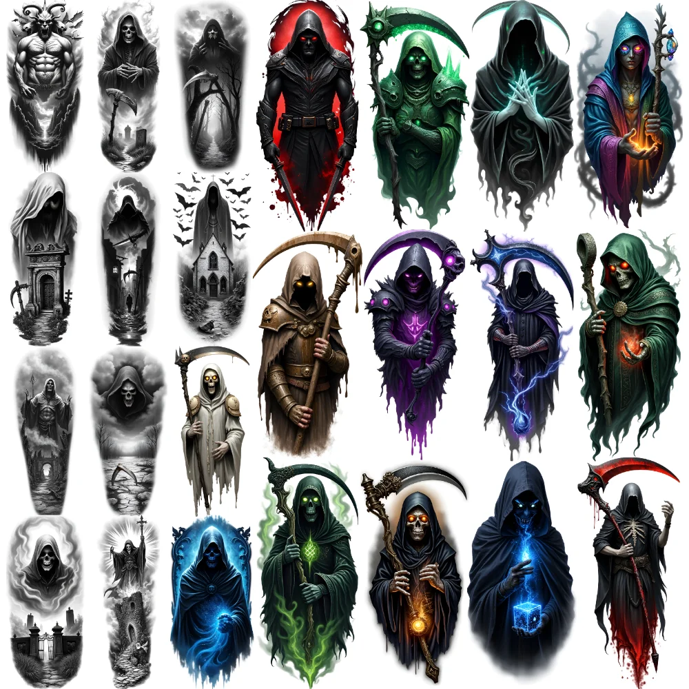 

12pcs Temporary Tattoo Scythe Mixed Realism Hooded Figures Skulls Realistic Temporary Tattoos Grim Reaper For Male Thigh Arm