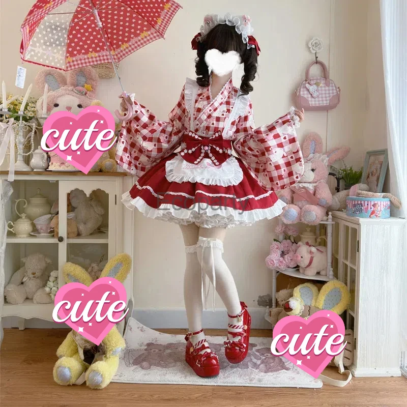 Japońska słodka sukienka Lolita kobiety Kawaii nadruk w truskawki Kimono koszule spódnica z falbankami z fartuchem dziewczyny pokojówka przebranie na karnawał