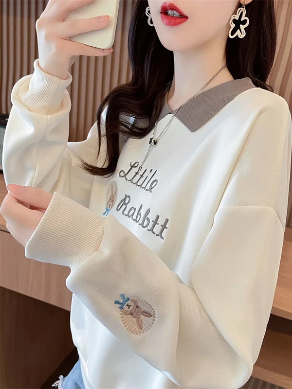 

Женская толстовка с вышивкой на воротнике, весенне-осенняя, тонкая, свободного кроя, для старшеклассниц, повседневная, в милом стиле