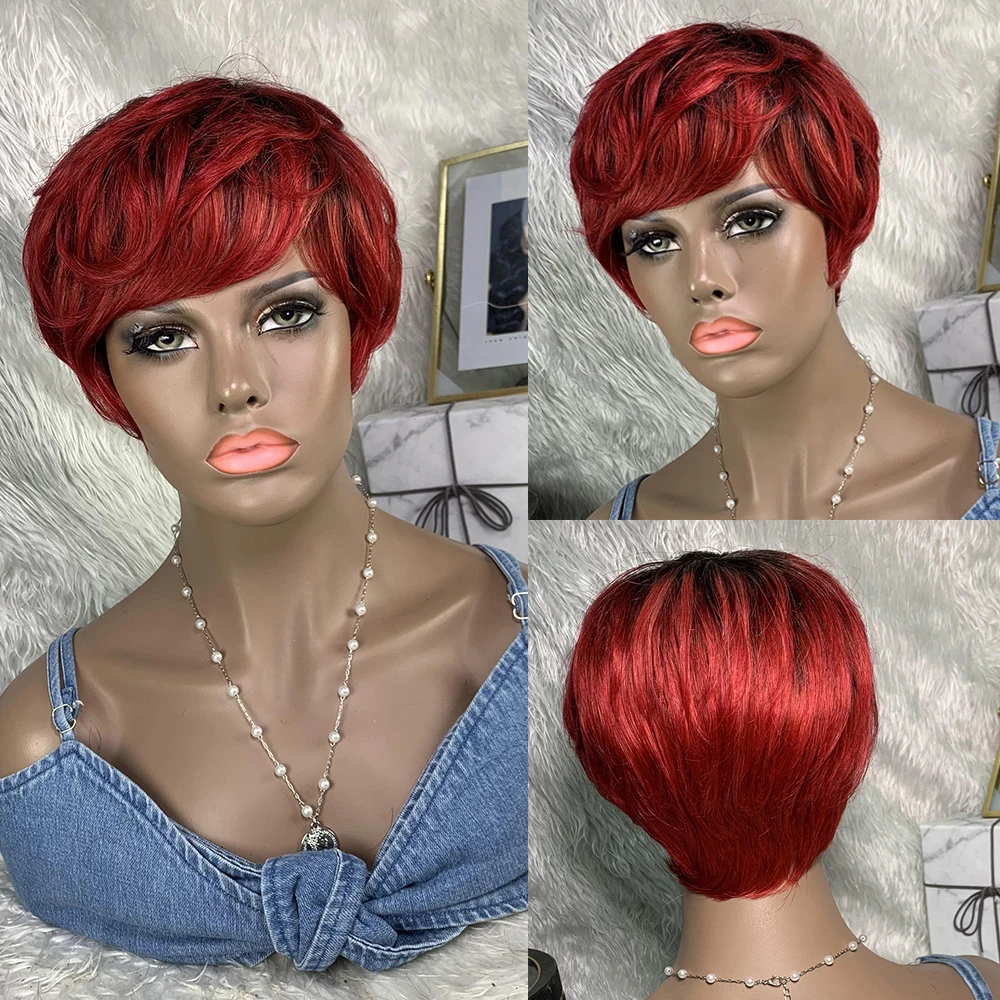 

Red Burgundy 99J Color Short Bob Pixie Cut Wig with Bangs Full Machine Made Wig Straight Remy Human Hair Wigs for Black Women