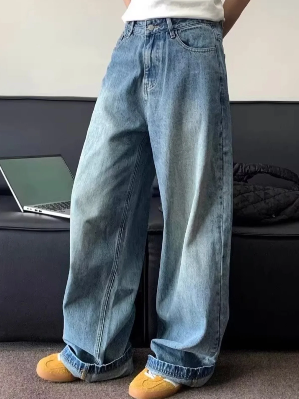 

American Sle Wide Leg Jeans Men Women Casual Straight Loose Fit Spring Autumn High Street Trendy Brand INS Jeans