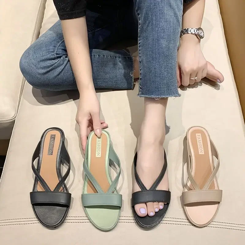 Woman Slippers Height Wedge Heel Open Toe Slides on Beach Green Outside Sandals Shoes for Women Small Size Luxury Designer G F Y