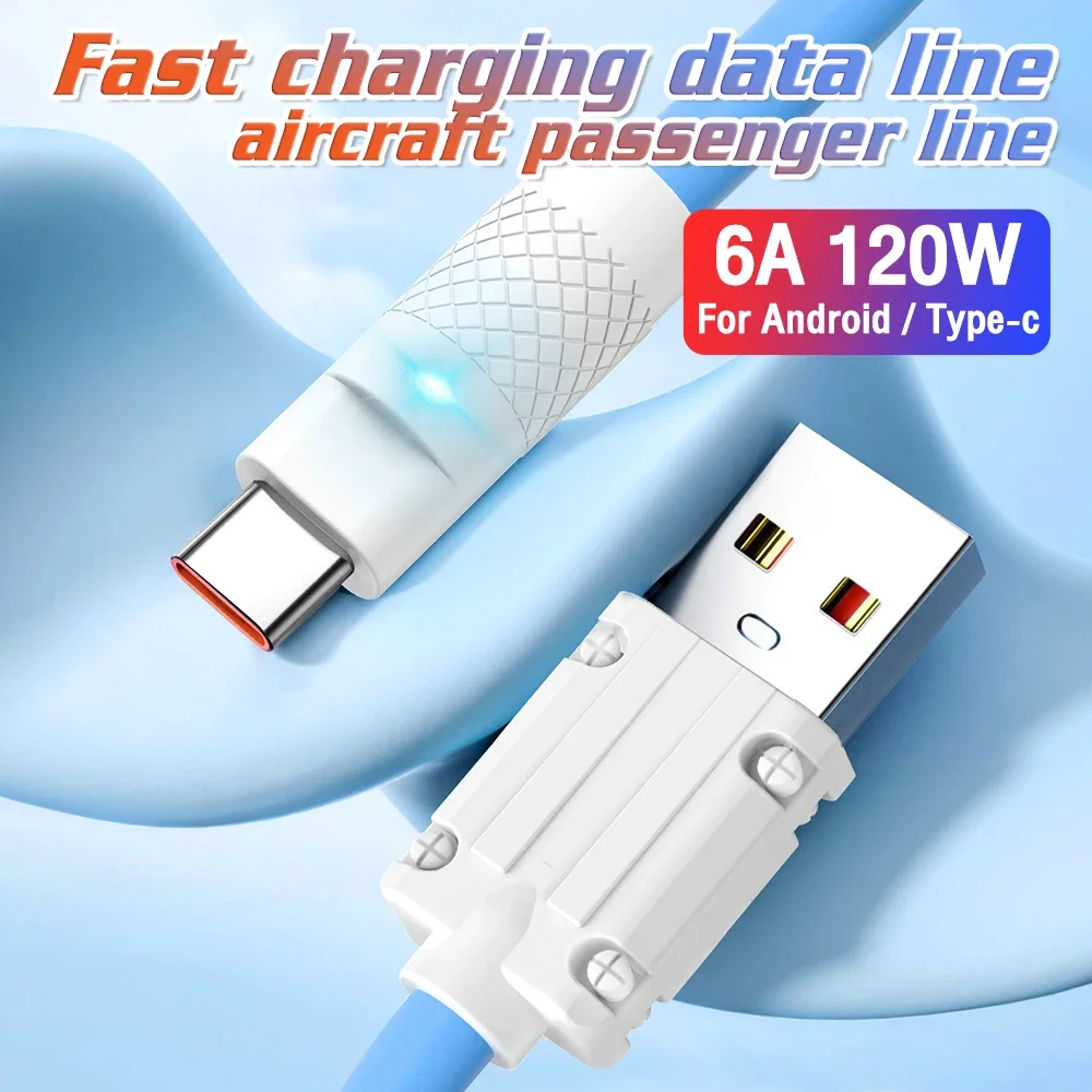 120W 6A Super Fast Charge Type-C Liquid Silicone Charge Cold For Samsung Xiaomi Huawei Phone Usb C Cable Charger Micro USB 1M