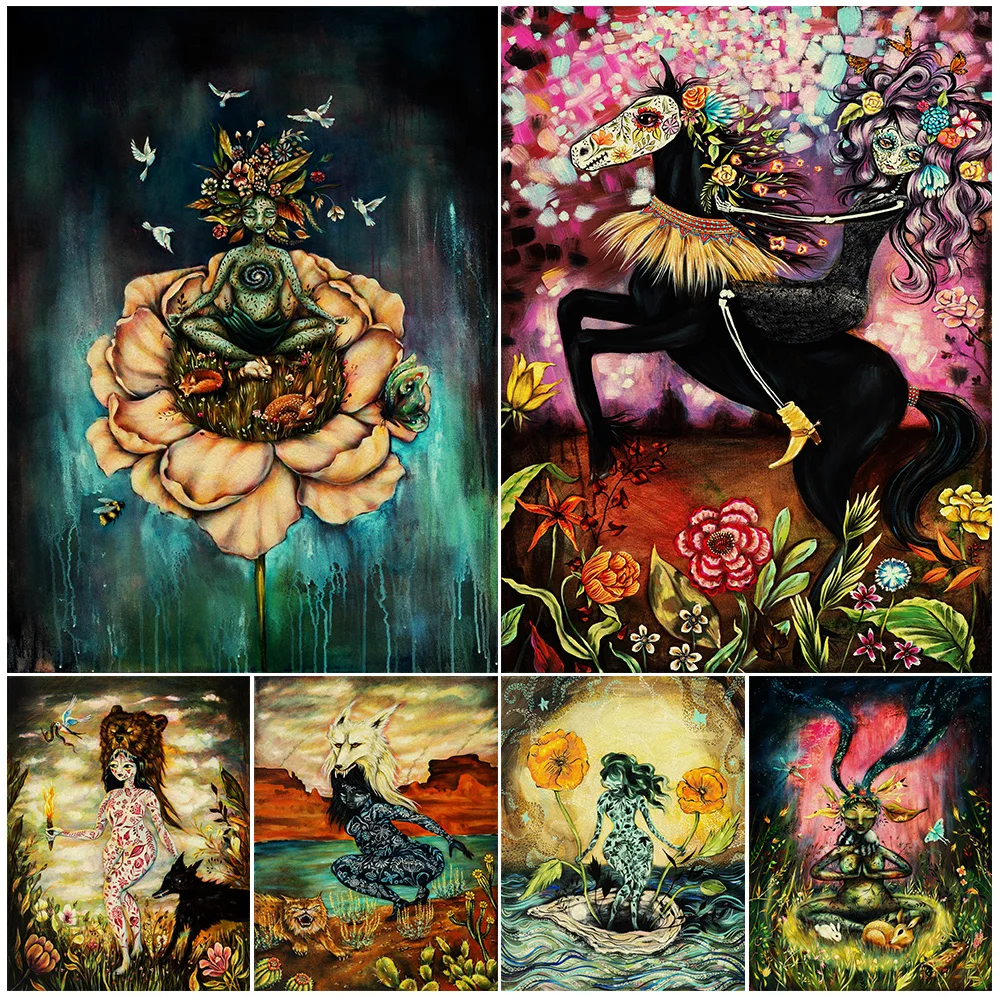 

Meditating Woman,Fox,White Rabbit,Fawn,Yoga Meditation Wall Art Canvas Painting,Women Power Art Poster Print Home Decor Unframed