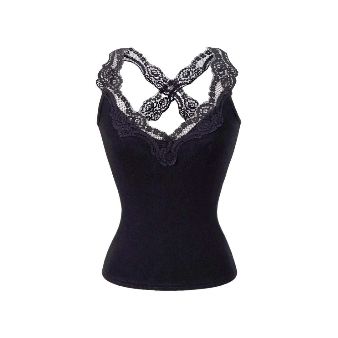 Damska kamizelka bez rękawów z krzyżową koronką i prążkowaną kamizelką