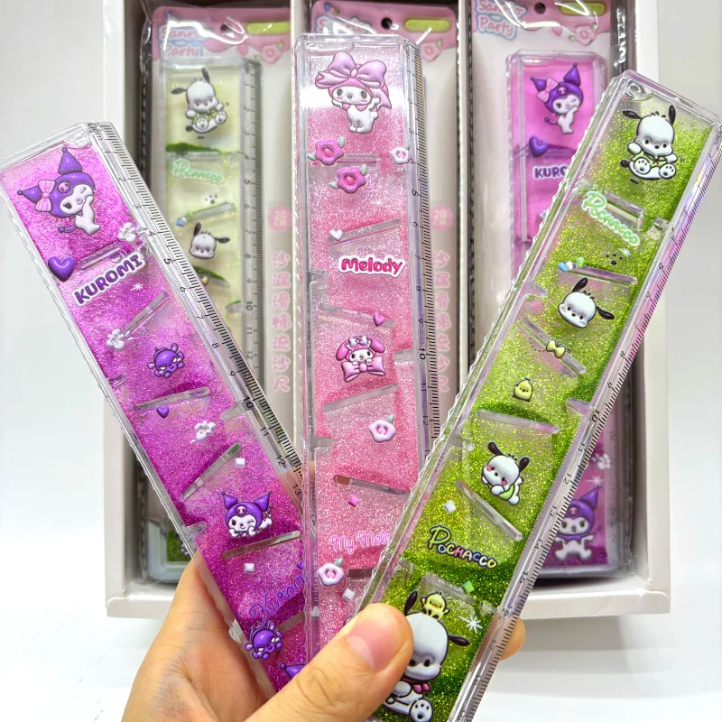 12pcs Sanrio Stationery Ruler 20cm Trapezoidal Oil Flowing Sand Ruler Sequin Glitter Powder Ruler Student Gift Prize Wholesale