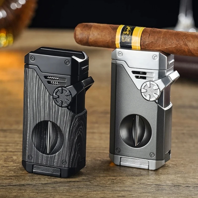 

New Luxury Multi-Function Cigar Lighter Windproof Four Blue Flame Rocker Cigar Lighter V-Cigar Cutter Visual Gas Window Ignition
