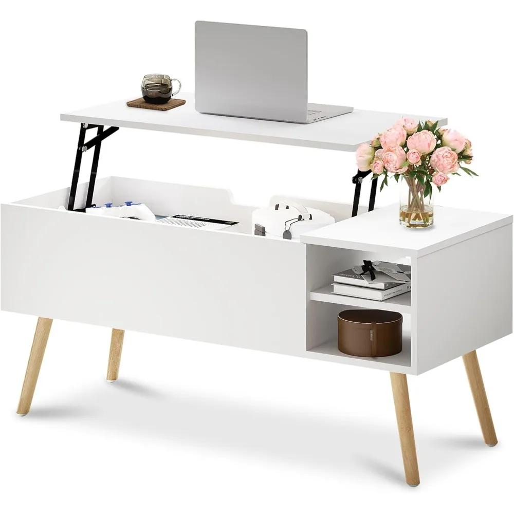 

White Coffee Table Lift Top - Coffee Table with Solid Wood Legs, Hidden Storage Compartment & Open Shelves - 40