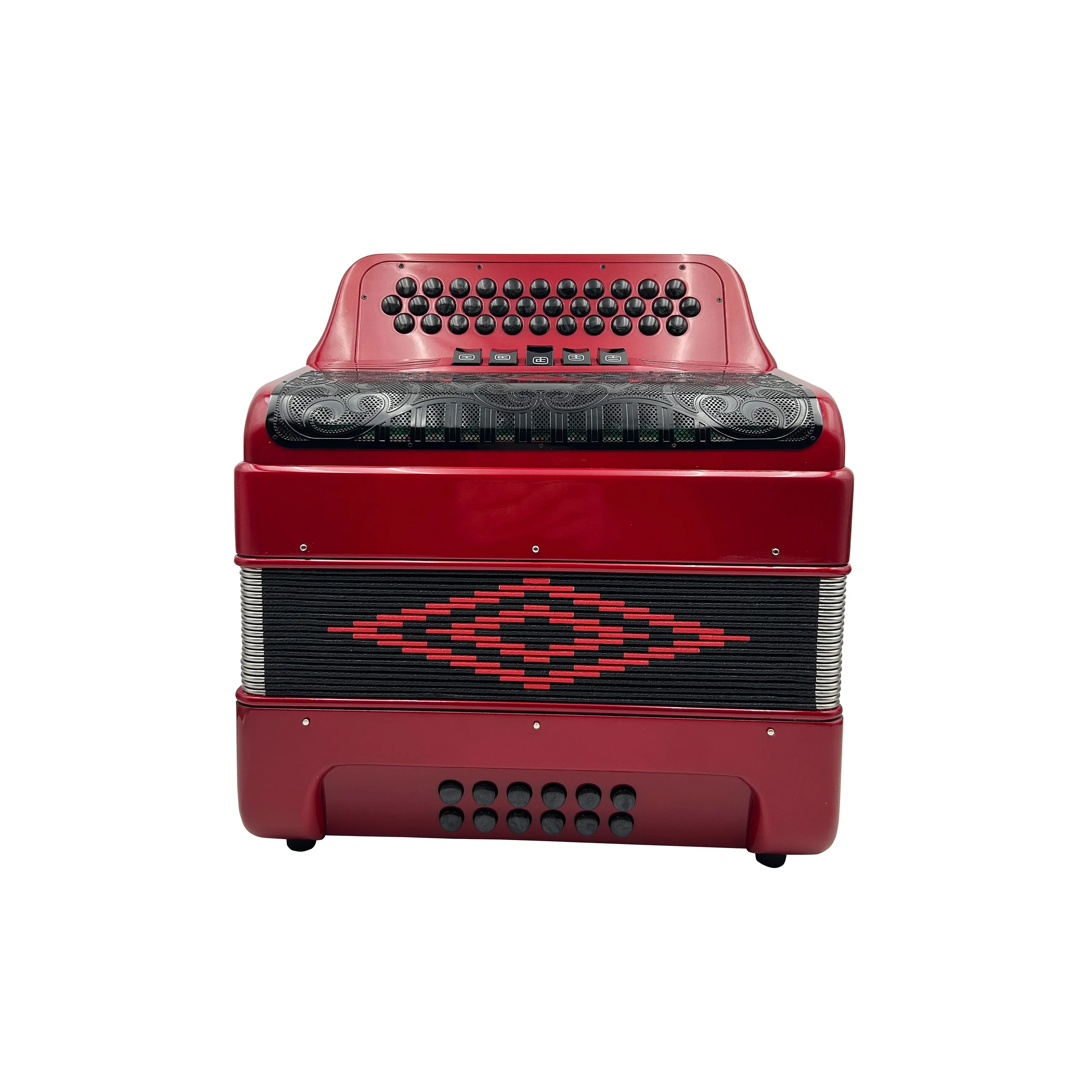 

Professional 34-Button 12-Bass 5-Registers Accordion Diatonic JB3412D Red Metallic Body Acordeon Black Grill Black Buttons