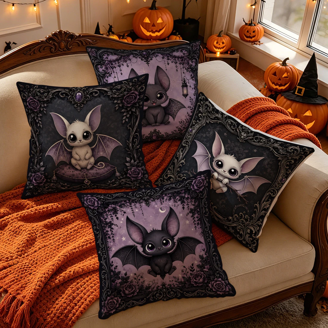Purple Tone Gothic Cartoon Little Bat Cushions Pillowcase Polyester Cushion Cover Throw Pillow Pillowcover Home Car Sofa Decor