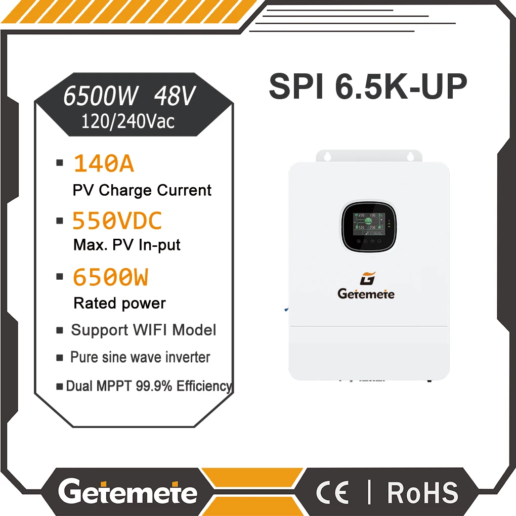 Getemete Dual MPPT Single-Phase/Split-Phase 6500W 48V Solar Inverter 120/240Vac IP20 Protection Up To 18+18A PV Input Current
