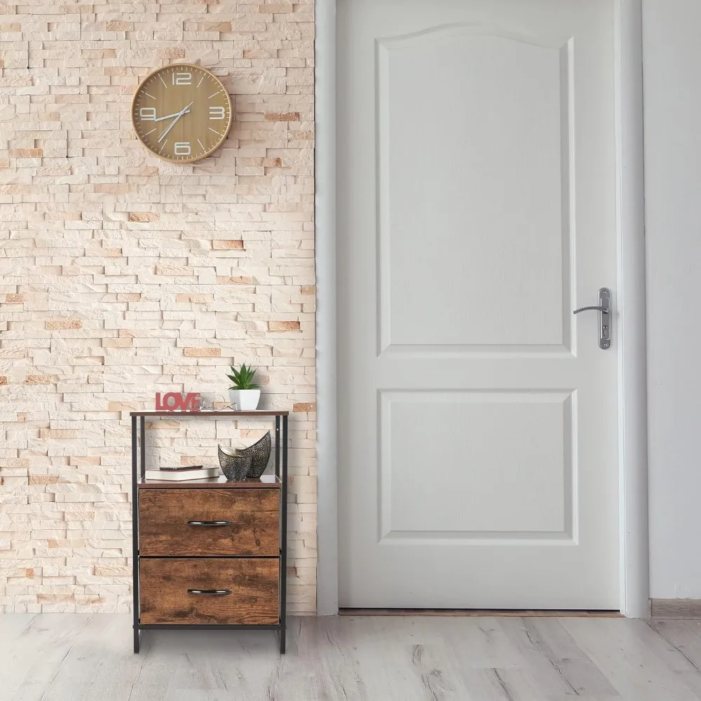 Mesita de Noche Industrial con 2 Baldas y 2 Cajones، Acabado Madera y Negro #5