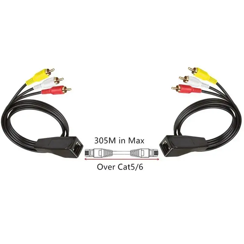 Y47A RJ45 Female to 3RCA Male Audio Video Balun Extender with Network Cable for 305 Meters Extension