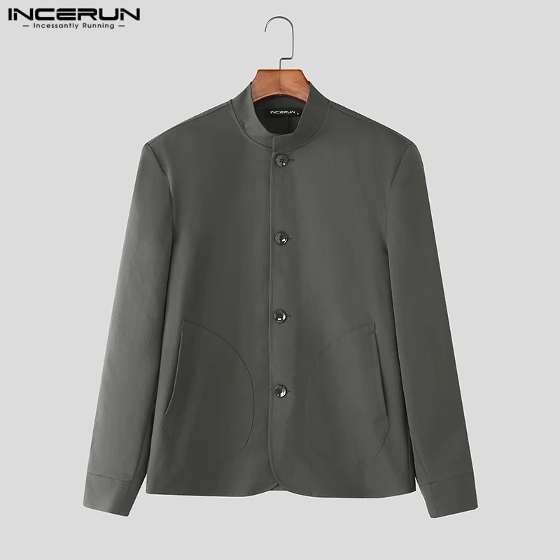 

INCERUN Men Blazer Solid Color Stand Collar Long Sleeve Vintage Male Suit Streetwear Loose 2025 Retro Casual Thin Coats S-5XL