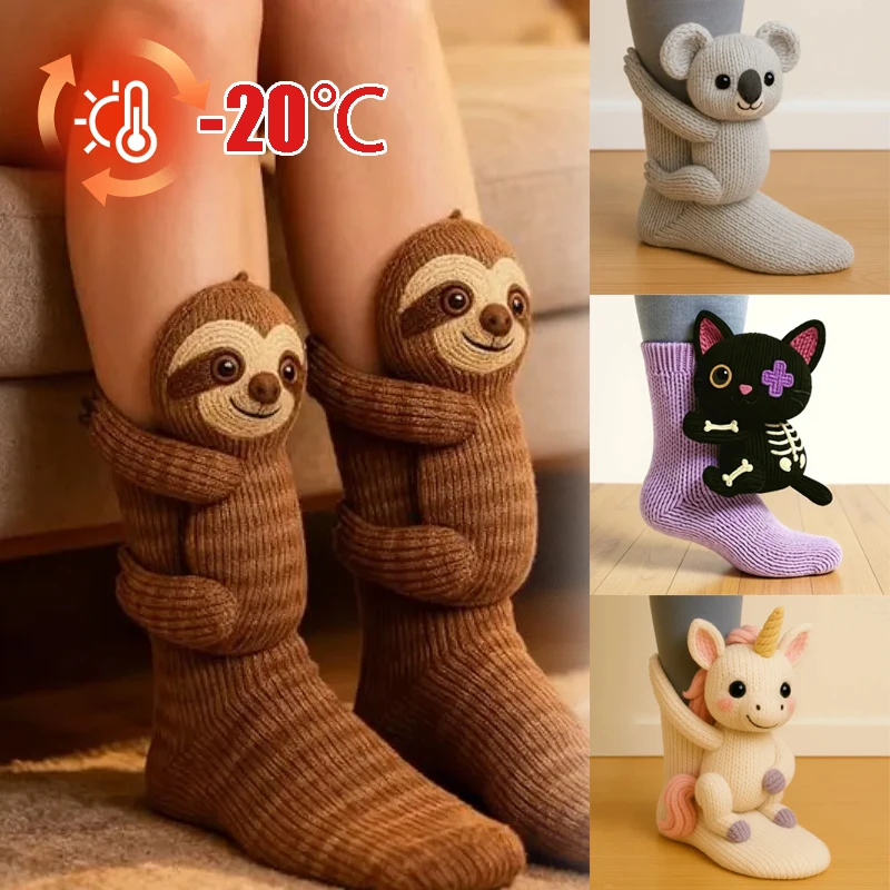 

3D Knitted Animal Socks Creative Hugging Creature Design with Hand Crocheted Warmth Fun Christmas Stocking Women's Gift