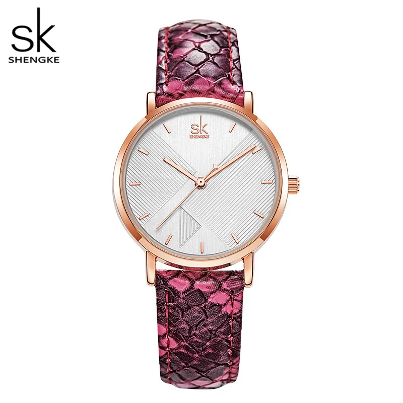 Shengke Original Design Woman Quartz Wristwatches Fashion Snake Leather Strap Women\'s Watches Top New Luxury Red Ladies Clock