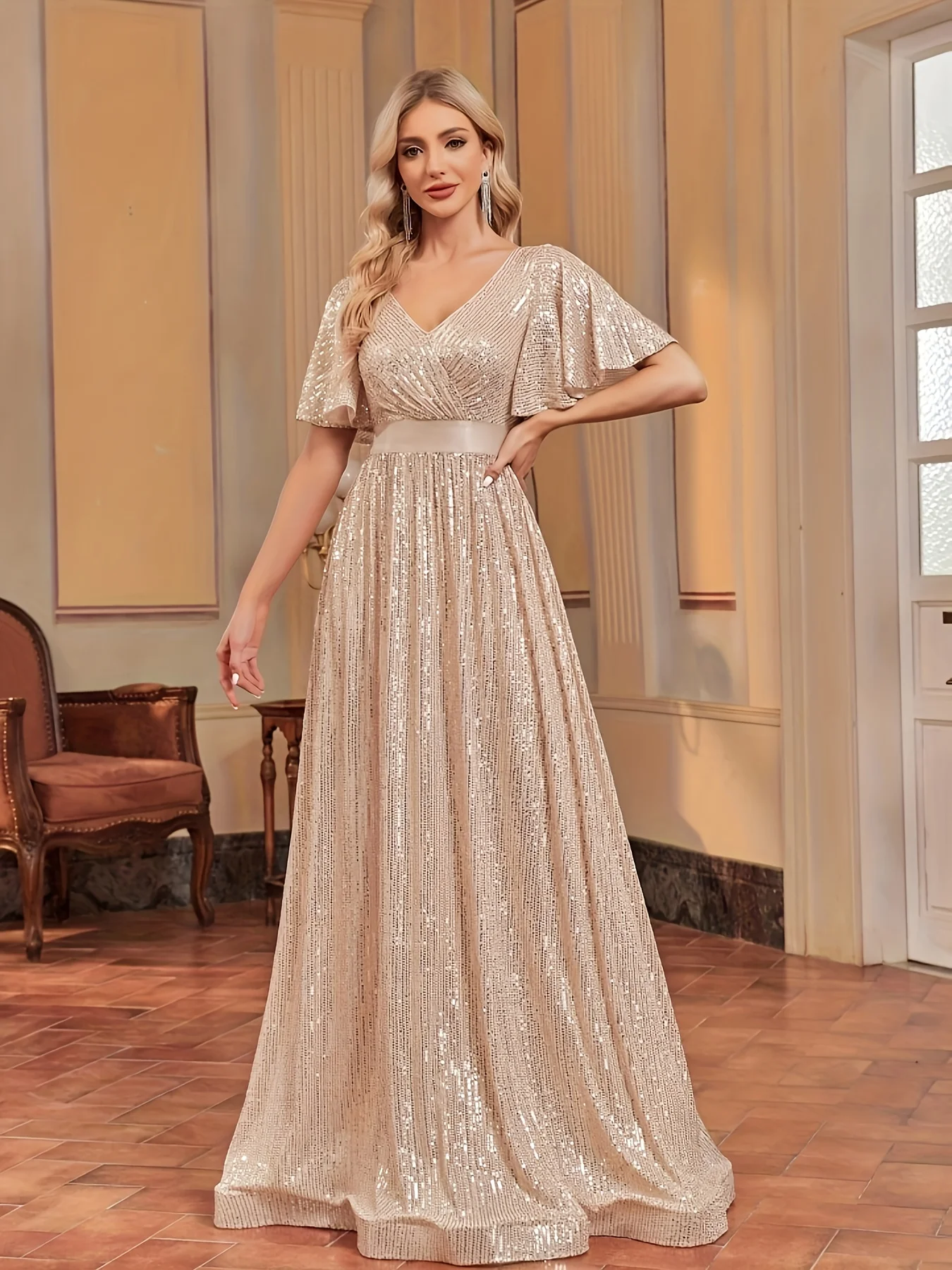 Elegant Retro Flared - Sleeve Mesh Evening Gown for Women - Perfect for Parties