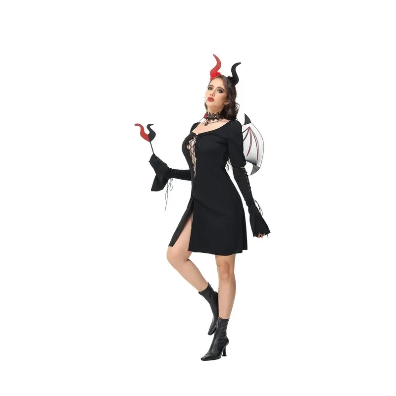 Disfraz de bruja malvada y diablo para parejas, disfraz de Halloween, traje de fiesta, traje de diablo para mujer con alas y accesorios para sombrero