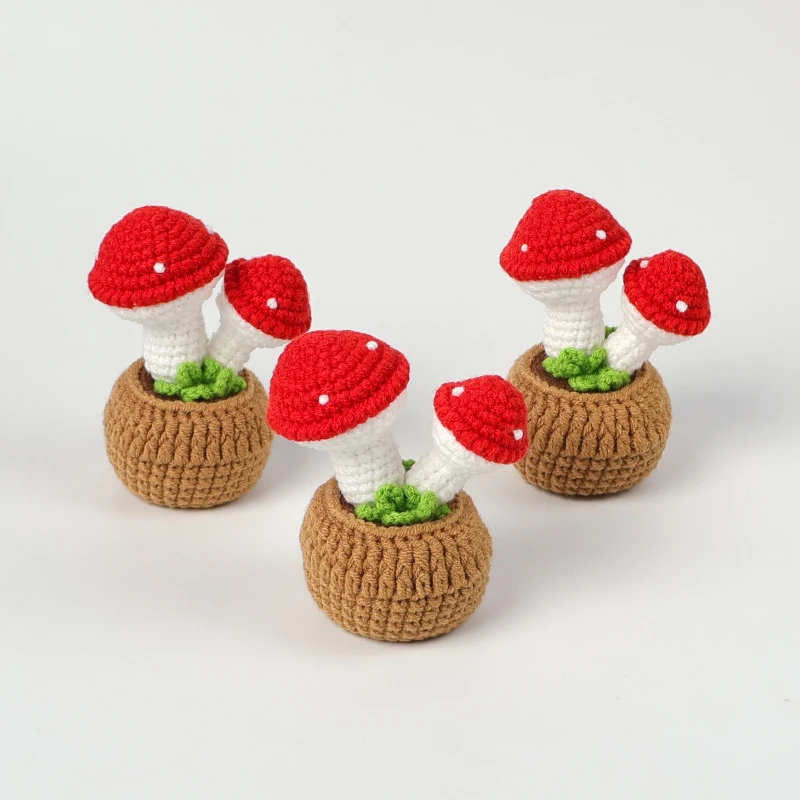 Finished Crochet Ornaments Knitting Cute Mushroom Potted Creative Knitted Flowers Home Desktop Decoration Car Decor 2025 New