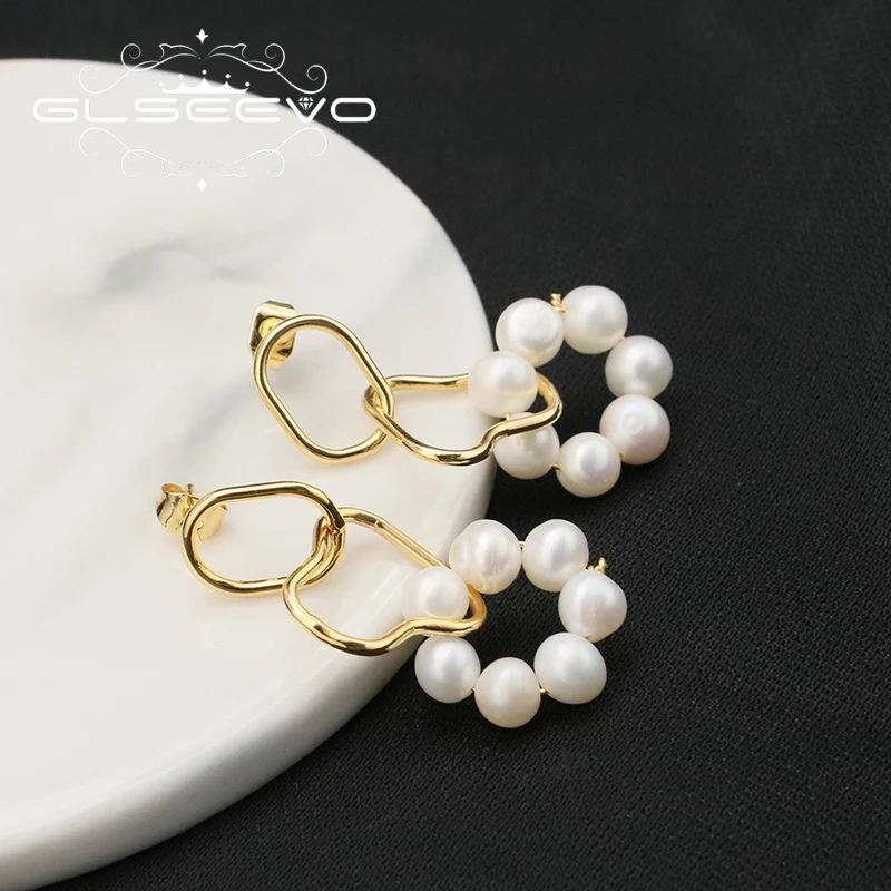 GLSEEVO Hoop Handing Round Nature Freshwater Pearl Earrings for Woman Stitch Plated Exquisite Lady Wedding Jewelry