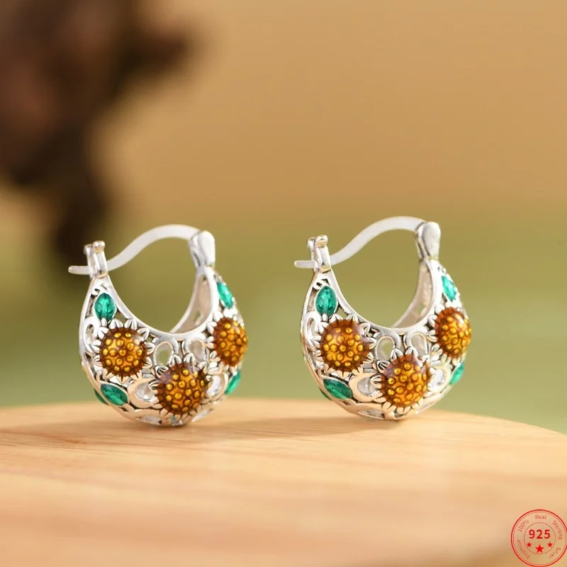 S925 Sterling Silver Clip Earring for Women Hollow Sunflowers Pattern C-shaped Ear-clips Enamel Fashion Jewelry Wholesale
