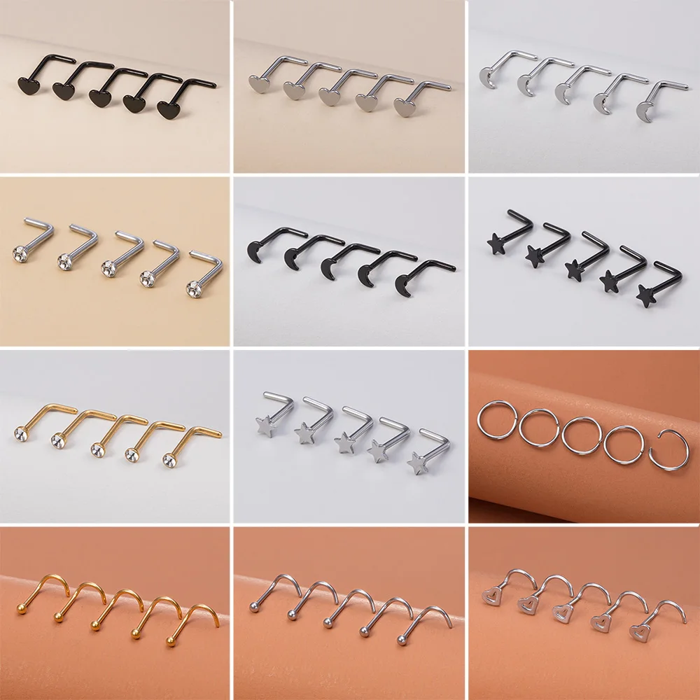 5Pcs Nose Rings for Women 20G Screw Nose Stud Heart Moon Star Ball Stainless Steel Nostril Piercing Septum Cartilage Jewelry