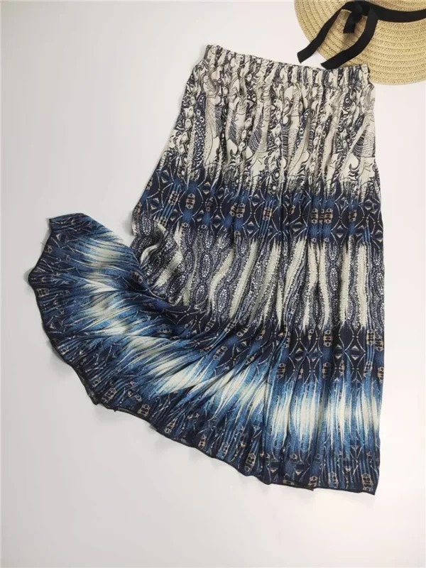 

2025 Women Bohemian 100% Silk Long Skirts Vintage Elastic High Waist Gradient A-Line Skirts Beachwear Skirt
