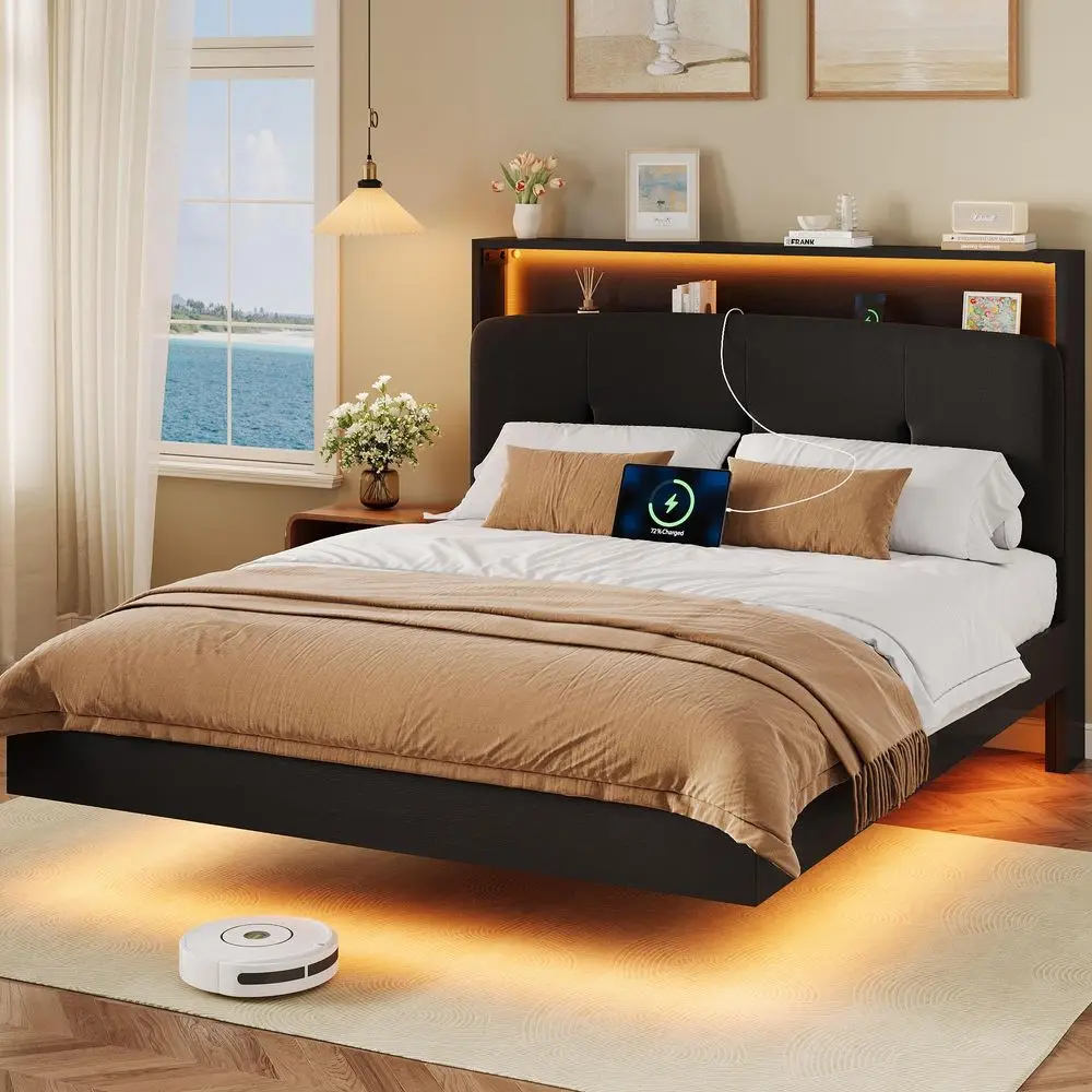 

Floating Bed Frame Full with Charging Station amp Led Light, Wooden Platform Full Bed Frame w Upholstered Storage Headboard, He