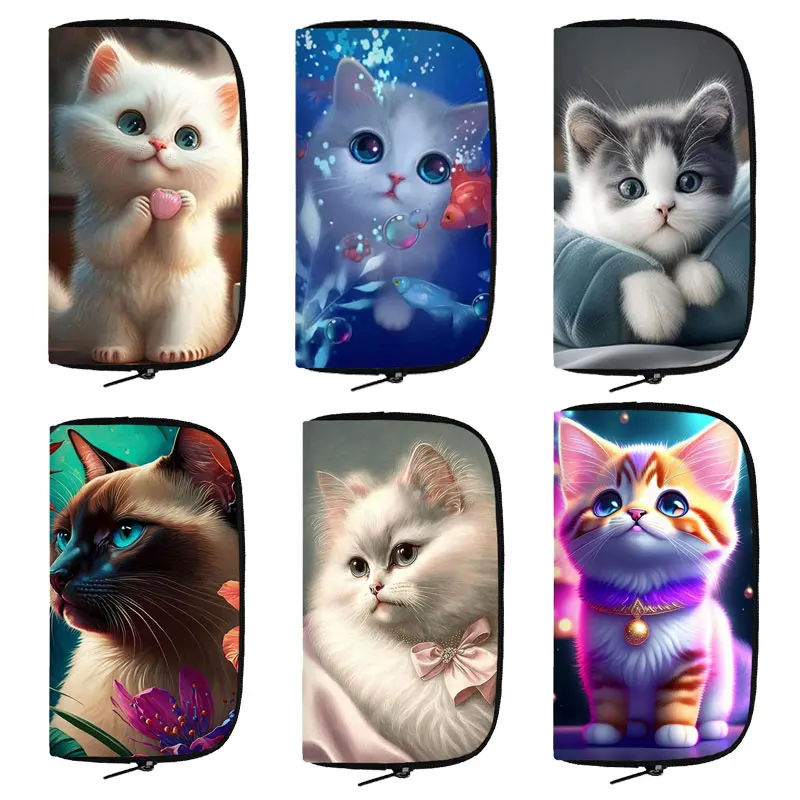 Cute Cat Print Long Wallet Felinae/Siamese Cat Women Purse Key Money Bag Credit Card Earphone Phone Holder Jewelry Organizer