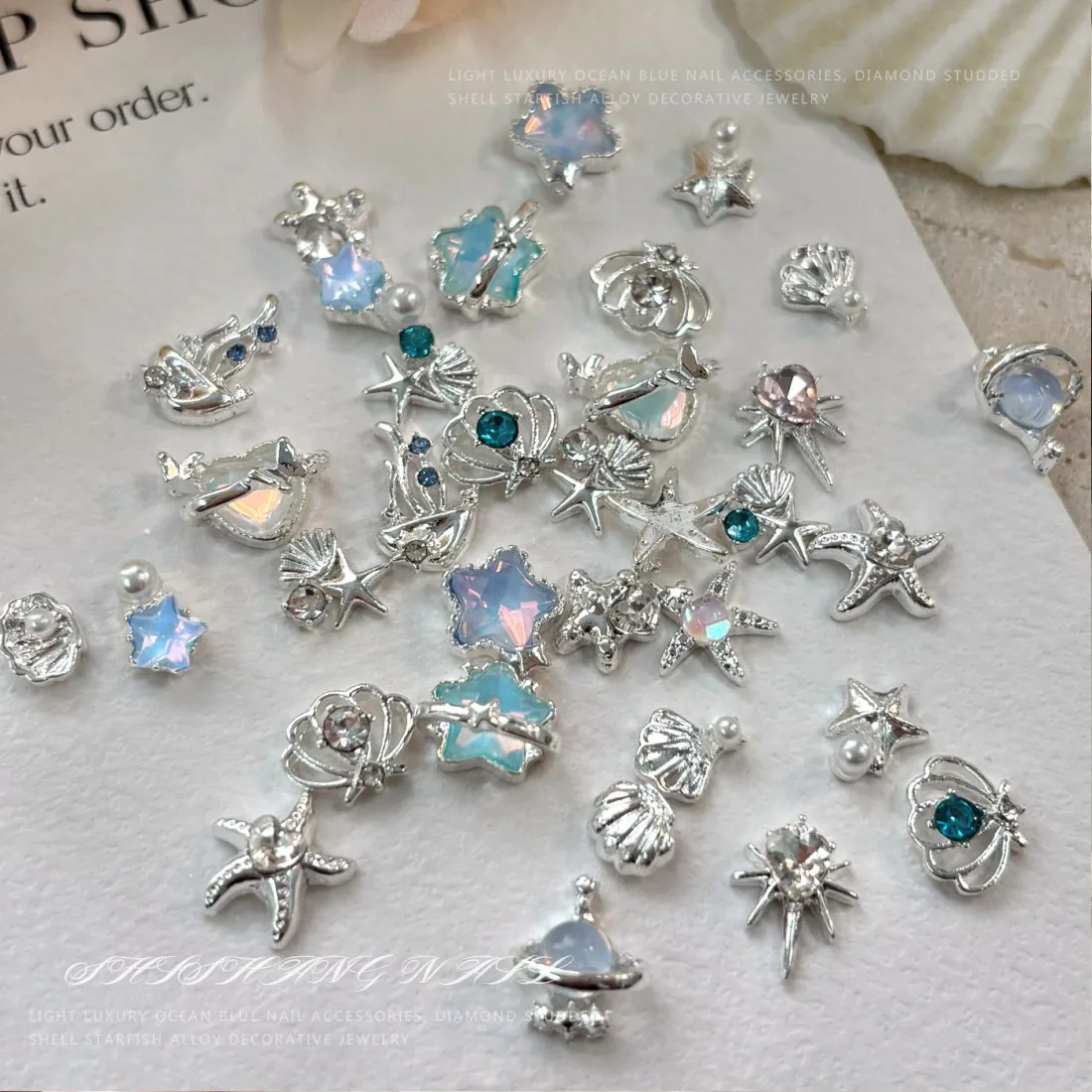 YYM 10PCS Summer Starfish and Seashell Nail Art Accessories: Heart of the Ocean Blue Five-Pointed Star and Jellyfish Accessories