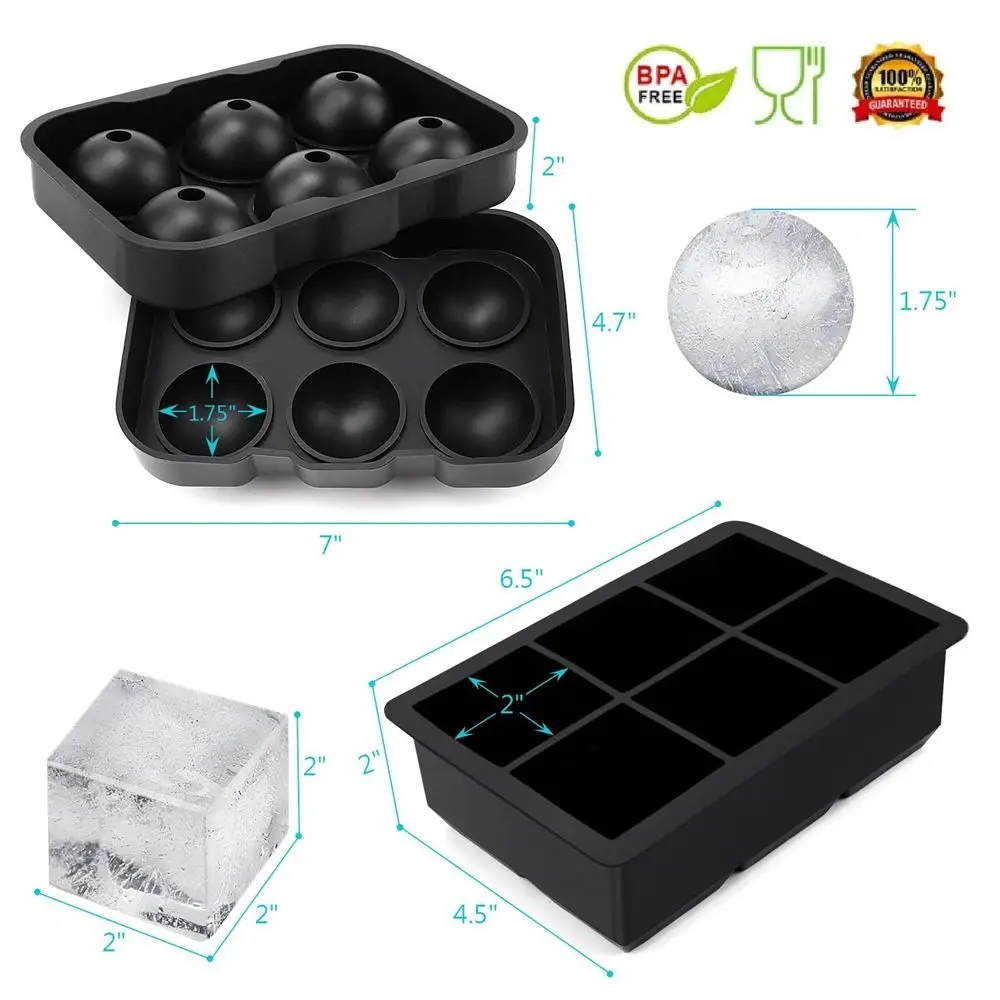 Black Large Ice Cube Trays Silicone for Freezer with Lid ,Ice Ball Maker Reusable Molds For Whiskey Bar Party Home Kitchen Tools