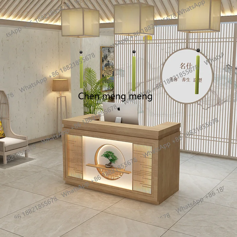 

New Chinese cashier modern teahouse with lamp front desk beauty and wellness center cabinet solid wood reception desk