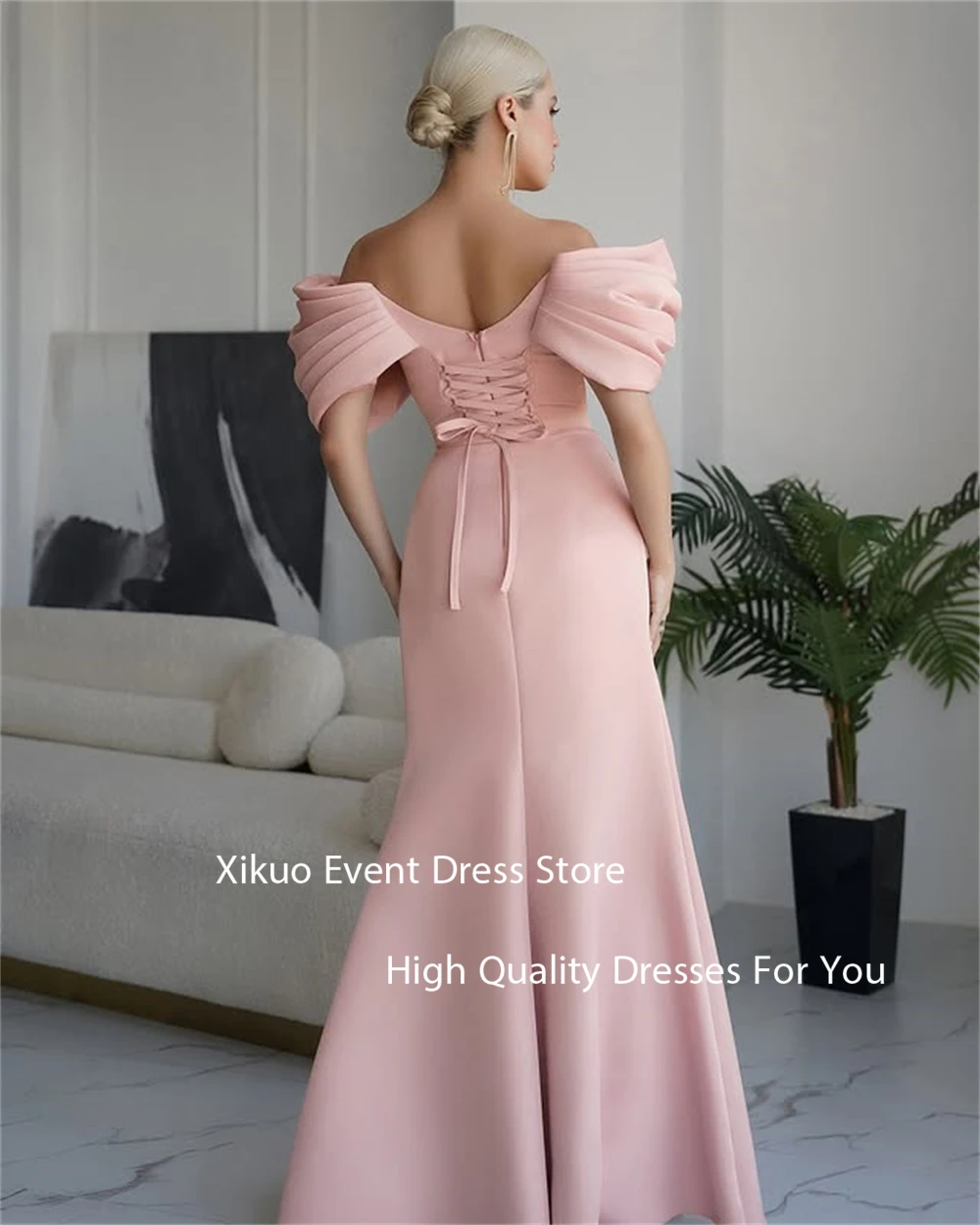 Xikuo gracioso rosa cetim vestidos de noite longos vestidos de sereia para ocasiões especiais fenda lateral fora do ombro vestido de baile personalizado