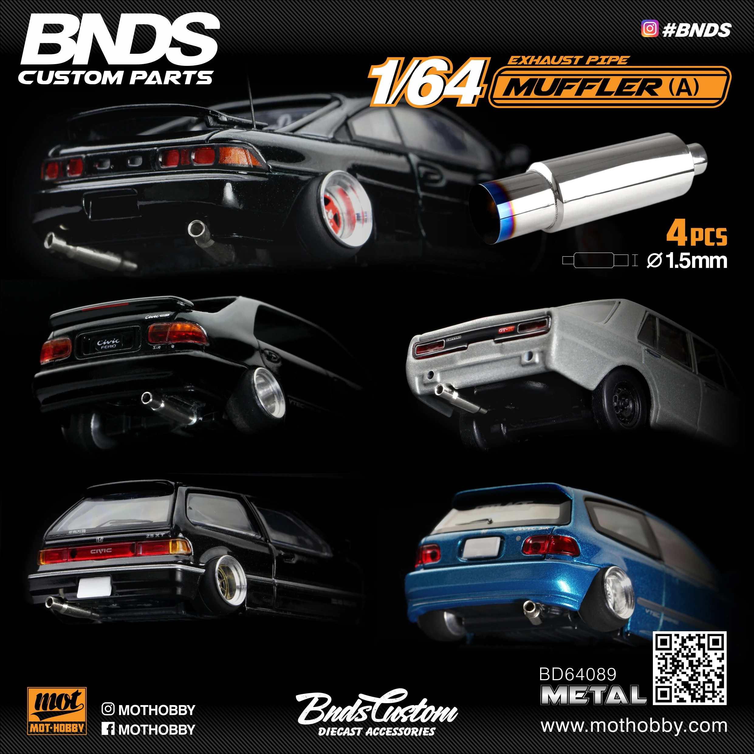 BNDS-silenciador de tubo de escape de Metal a escala 1/64, piezas modificadas para coche de carreras GT, modelo personalizado, vehículo de juguete